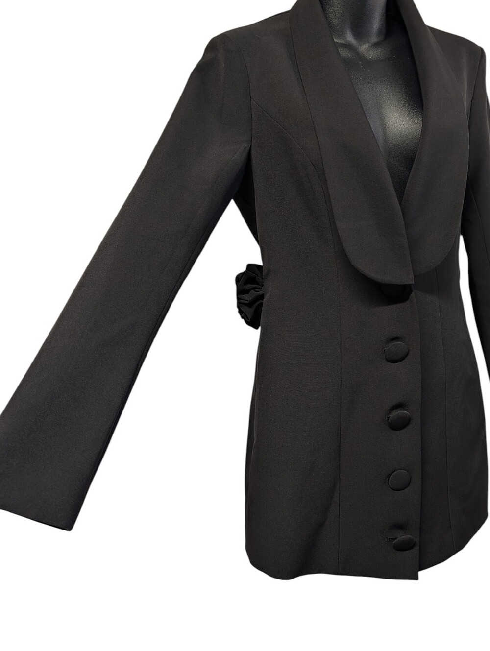 Nova Luxe Claire Backless Blazer Dress Black S Rosette 3D Floral Open Back NWT - Picture 4 of 10